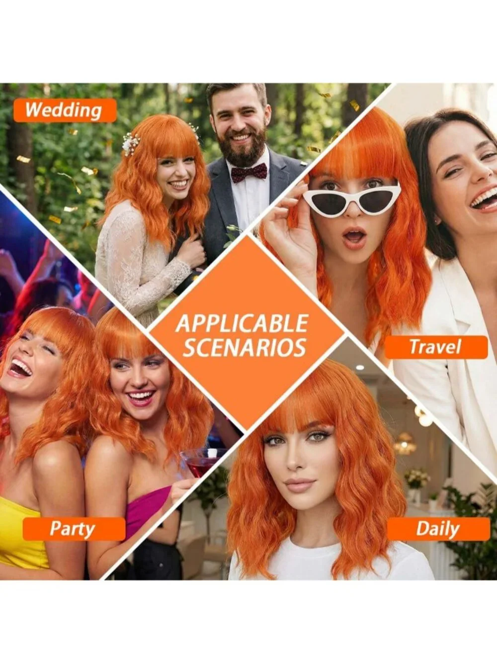 Women's Ginger 14 Inch Short Shoulder Length Synthetic Bangs Wavy Bob Wig